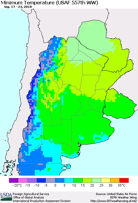 Southern South America Mean Minimum Temperature (USAF 557th WW) Thematic Map For 9/17/2018 - 9/23/2018