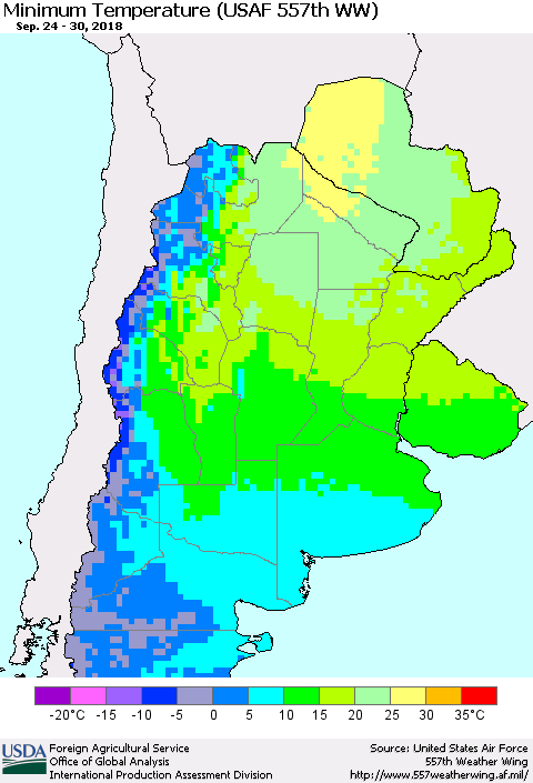 Southern South America Mean Minimum Temperature (USAF 557th WW) Thematic Map For 9/24/2018 - 9/30/2018