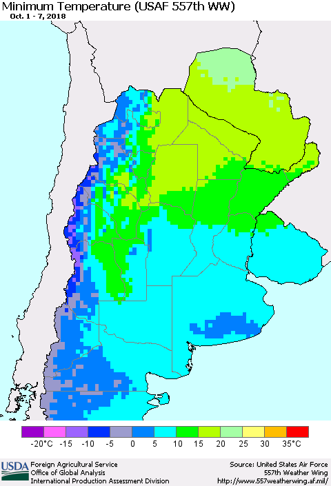 Southern South America Mean Minimum Temperature (USAF 557th WW) Thematic Map For 10/1/2018 - 10/7/2018