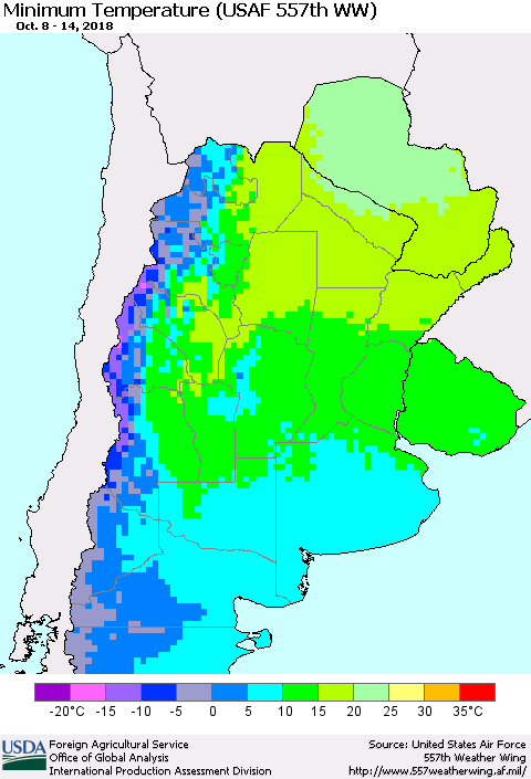Southern South America Mean Minimum Temperature (USAF 557th WW) Thematic Map For 10/8/2018 - 10/14/2018