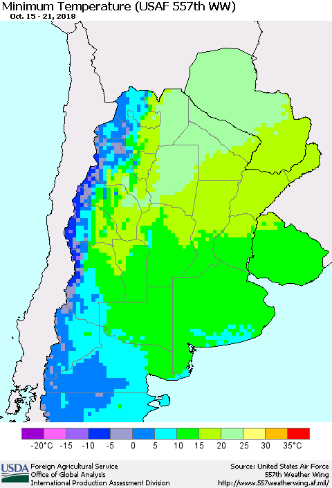 Southern South America Mean Minimum Temperature (USAF 557th WW) Thematic Map For 10/15/2018 - 10/21/2018