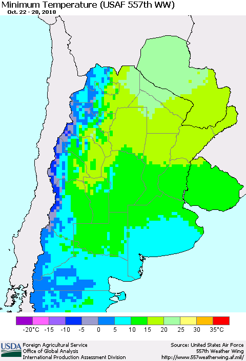 Southern South America Mean Minimum Temperature (USAF 557th WW) Thematic Map For 10/22/2018 - 10/28/2018