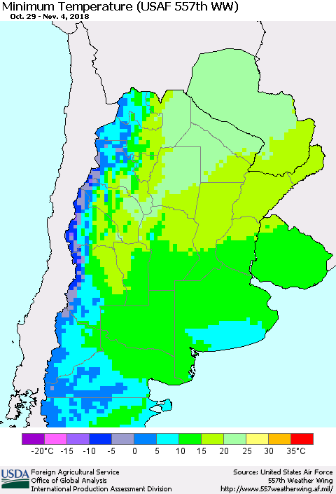 Southern South America Mean Minimum Temperature (USAF 557th WW) Thematic Map For 10/29/2018 - 11/4/2018