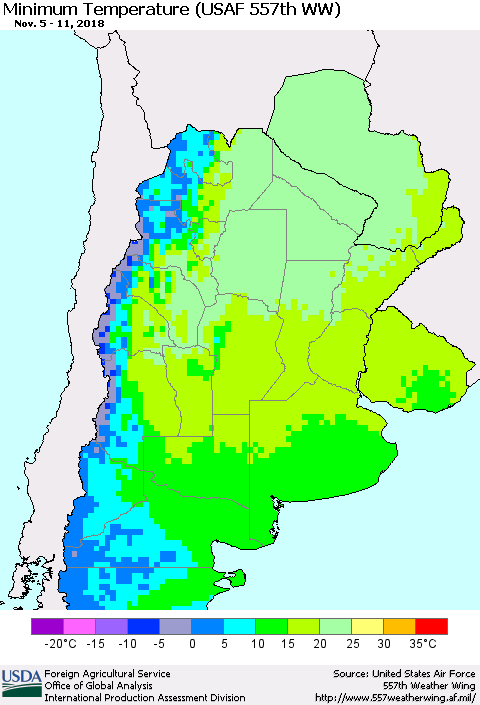 Southern South America Mean Minimum Temperature (USAF 557th WW) Thematic Map For 11/5/2018 - 11/11/2018