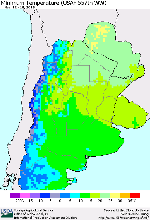 Southern South America Mean Minimum Temperature (USAF 557th WW) Thematic Map For 11/12/2018 - 11/18/2018