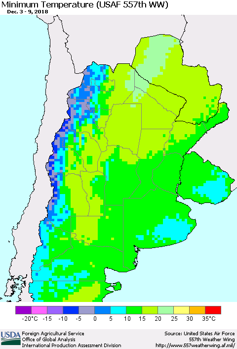Southern South America Mean Minimum Temperature (USAF 557th WW) Thematic Map For 12/3/2018 - 12/9/2018