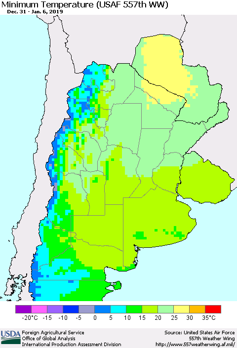 Southern South America Mean Minimum Temperature (USAF 557th WW) Thematic Map For 12/31/2018 - 1/6/2019