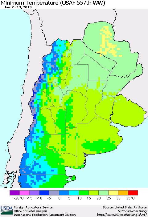 Southern South America Mean Minimum Temperature (USAF 557th WW) Thematic Map For 1/7/2019 - 1/13/2019