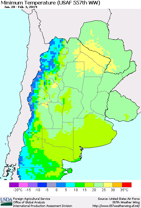 Southern South America Mean Minimum Temperature (USAF 557th WW) Thematic Map For 1/28/2019 - 2/3/2019