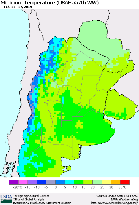 Southern South America Mean Minimum Temperature (USAF 557th WW) Thematic Map For 2/11/2019 - 2/17/2019