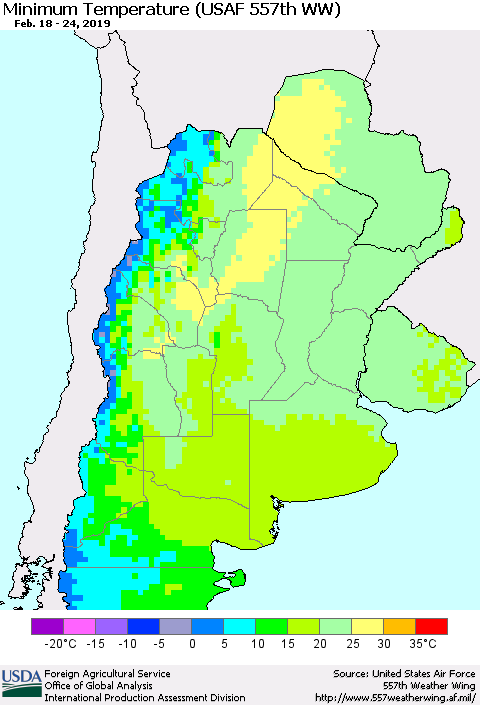 Southern South America Mean Minimum Temperature (USAF 557th WW) Thematic Map For 2/18/2019 - 2/24/2019