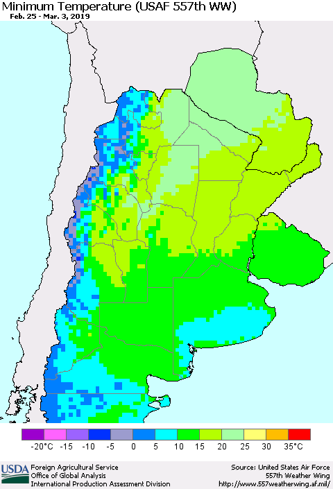 Southern South America Mean Minimum Temperature (USAF 557th WW) Thematic Map For 2/25/2019 - 3/3/2019