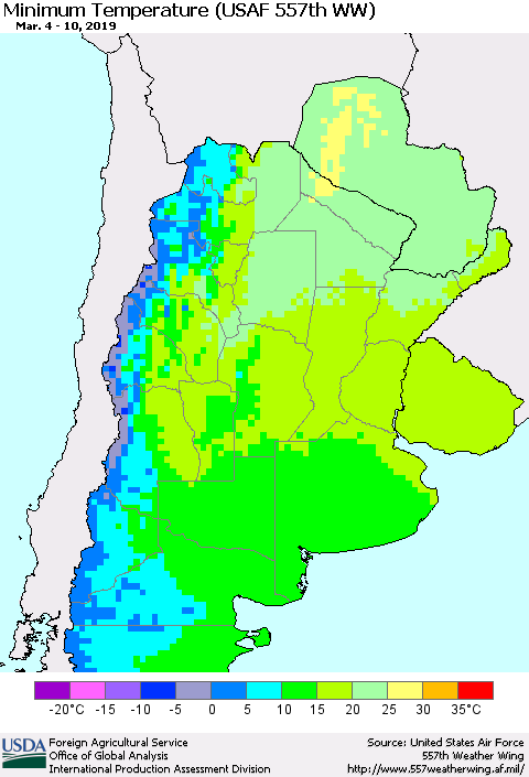 Southern South America Mean Minimum Temperature (USAF 557th WW) Thematic Map For 3/4/2019 - 3/10/2019