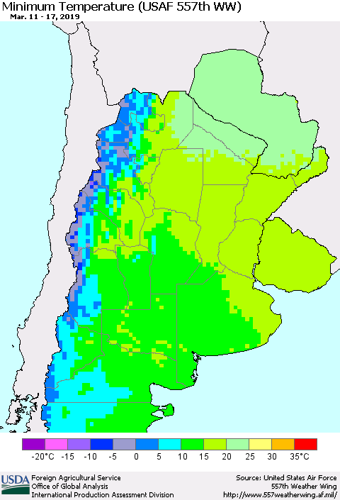 Southern South America Mean Minimum Temperature (USAF 557th WW) Thematic Map For 3/11/2019 - 3/17/2019
