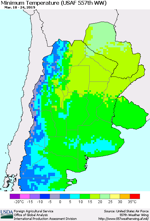 Southern South America Mean Minimum Temperature (USAF 557th WW) Thematic Map For 3/18/2019 - 3/24/2019