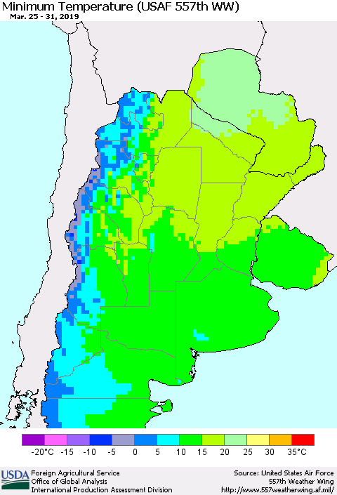 Southern South America Mean Minimum Temperature (USAF 557th WW) Thematic Map For 3/25/2019 - 3/31/2019