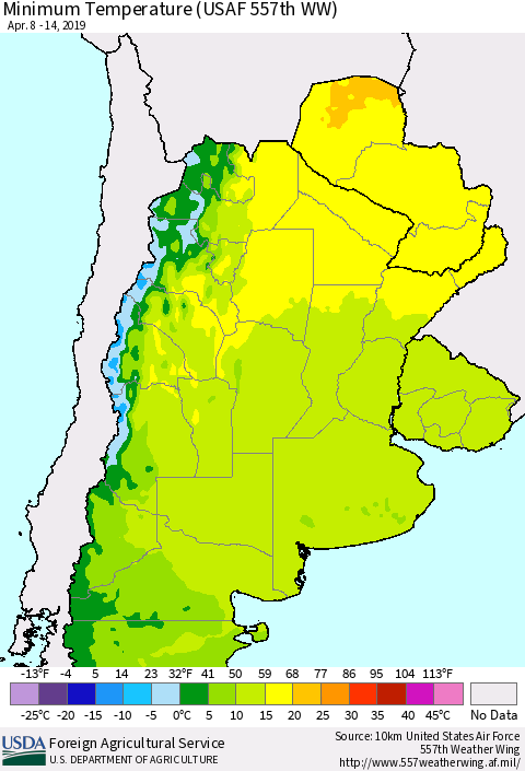 Southern South America Mean Minimum Temperature (USAF 557th WW) Thematic Map For 4/8/2019 - 4/14/2019