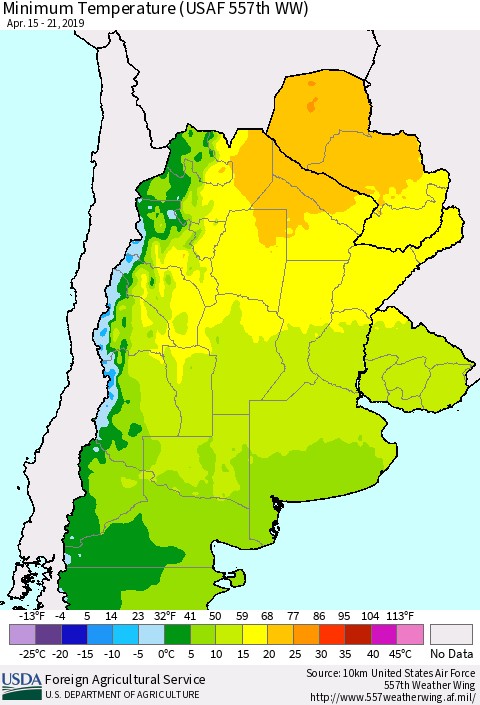 Southern South America Mean Minimum Temperature (USAF 557th WW) Thematic Map For 4/15/2019 - 4/21/2019