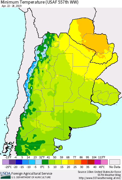 Southern South America Mean Minimum Temperature (USAF 557th WW) Thematic Map For 4/22/2019 - 4/28/2019