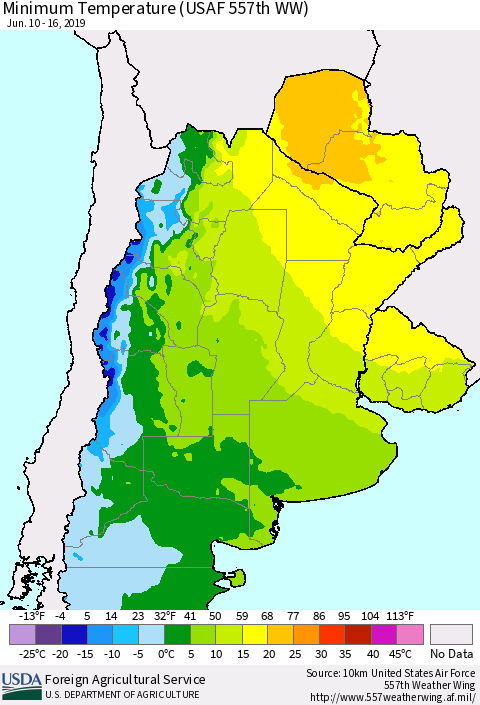 Southern South America Mean Minimum Temperature (USAF 557th WW) Thematic Map For 6/10/2019 - 6/16/2019
