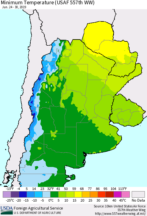Southern South America Mean Minimum Temperature (USAF 557th WW) Thematic Map For 6/24/2019 - 6/30/2019