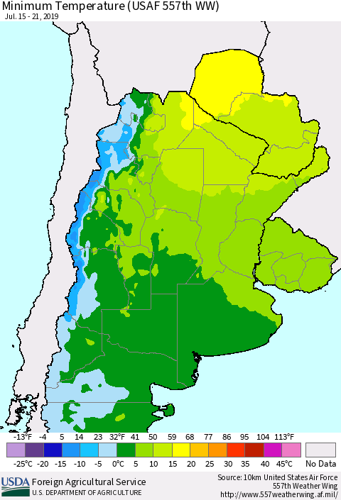 Southern South America Mean Minimum Temperature (USAF 557th WW) Thematic Map For 7/15/2019 - 7/21/2019