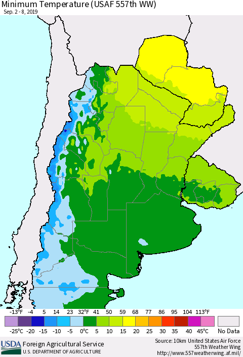 Southern South America Mean Minimum Temperature (USAF 557th WW) Thematic Map For 9/2/2019 - 9/8/2019