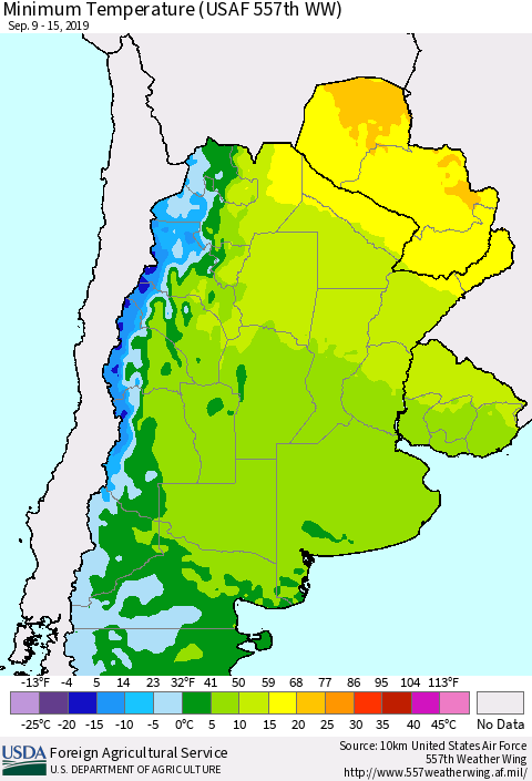 Southern South America Mean Minimum Temperature (USAF 557th WW) Thematic Map For 9/9/2019 - 9/15/2019