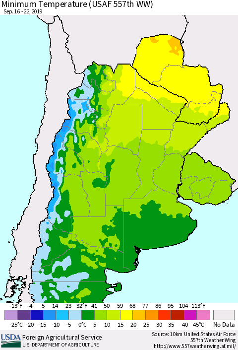 Southern South America Mean Minimum Temperature (USAF 557th WW) Thematic Map For 9/16/2019 - 9/22/2019