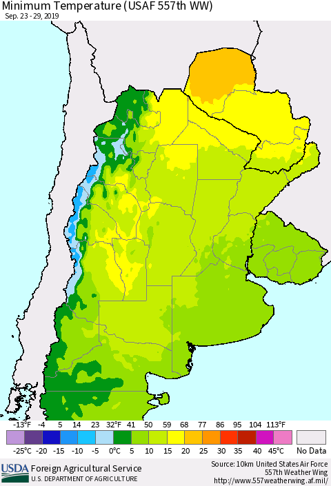 Southern South America Mean Minimum Temperature (USAF 557th WW) Thematic Map For 9/23/2019 - 9/29/2019