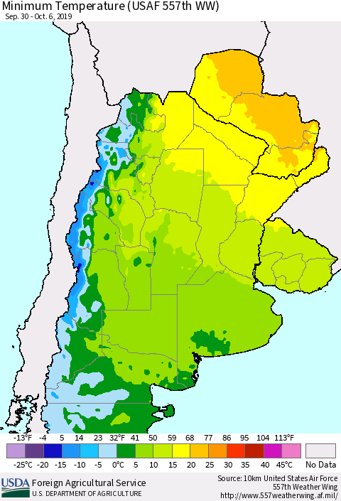 Southern South America Mean Minimum Temperature (USAF 557th WW) Thematic Map For 9/30/2019 - 10/6/2019