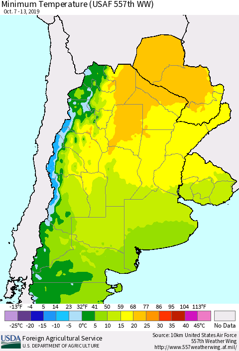 Southern South America Mean Minimum Temperature (USAF 557th WW) Thematic Map For 10/7/2019 - 10/13/2019