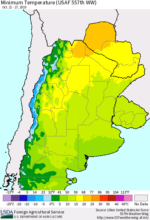 Southern South America Mean Minimum Temperature (USAF 557th WW) Thematic Map For 10/21/2019 - 10/27/2019