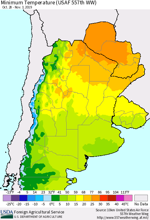 Southern South America Mean Minimum Temperature (USAF 557th WW) Thematic Map For 10/28/2019 - 11/3/2019