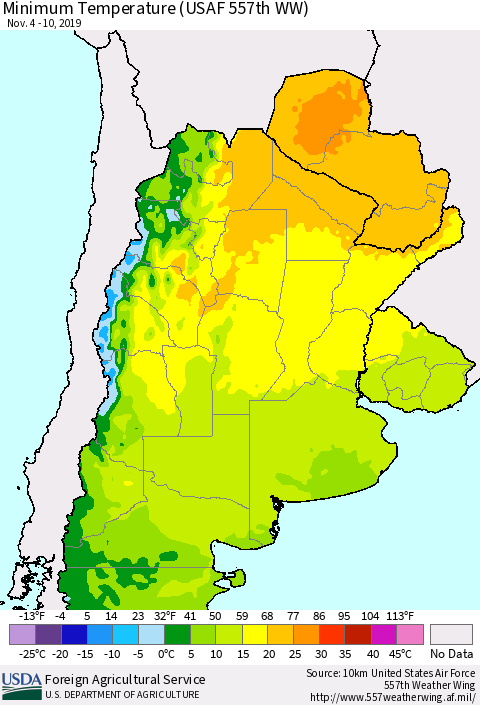 Southern South America Mean Minimum Temperature (USAF 557th WW) Thematic Map For 11/4/2019 - 11/10/2019