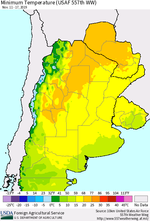 Southern South America Mean Minimum Temperature (USAF 557th WW) Thematic Map For 11/11/2019 - 11/17/2019
