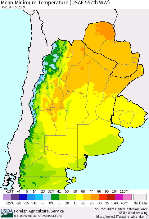 Southern South America Mean Minimum Temperature (USAF 557th WW) Thematic Map For 12/9/2019 - 12/15/2019