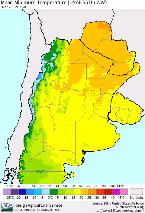 Southern South America Mean Minimum Temperature (USAF 557th WW) Thematic Map For 3/23/2020 - 3/29/2020