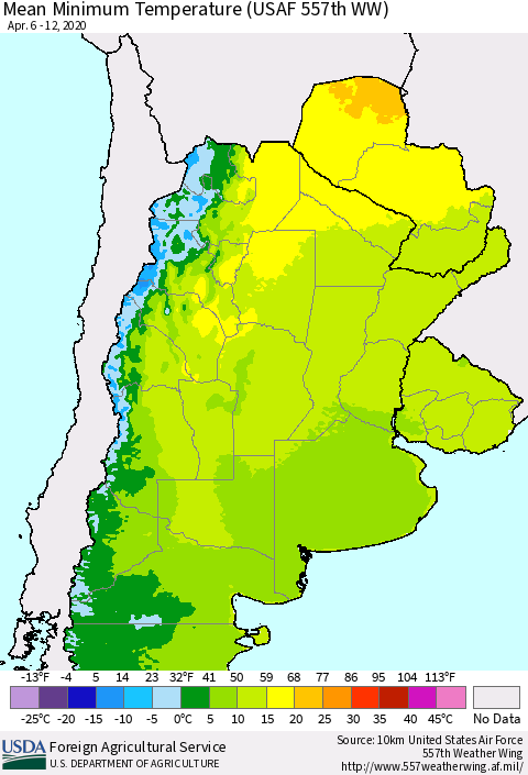 Southern South America Mean Minimum Temperature (USAF 557th WW) Thematic Map For 4/6/2020 - 4/12/2020