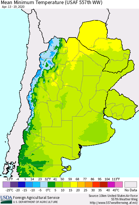Southern South America Mean Minimum Temperature (USAF 557th WW) Thematic Map For 4/13/2020 - 4/19/2020