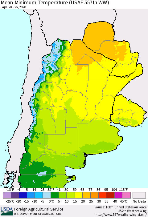 Southern South America Mean Minimum Temperature (USAF 557th WW) Thematic Map For 4/20/2020 - 4/26/2020