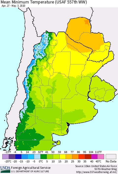 Southern South America Mean Minimum Temperature (USAF 557th WW) Thematic Map For 4/27/2020 - 5/3/2020