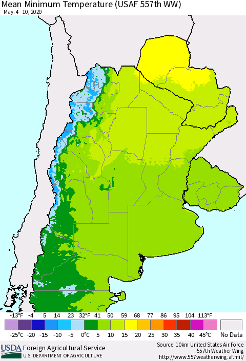 Southern South America Mean Minimum Temperature (USAF 557th WW) Thematic Map For 5/4/2020 - 5/10/2020