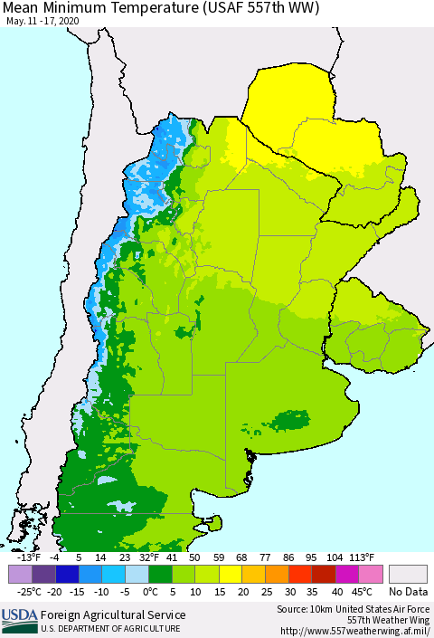 Southern South America Mean Minimum Temperature (USAF 557th WW) Thematic Map For 5/11/2020 - 5/17/2020