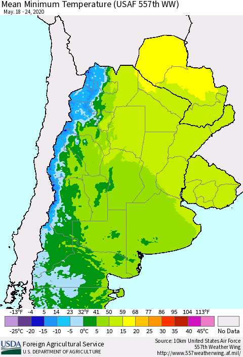 Southern South America Mean Minimum Temperature (USAF 557th WW) Thematic Map For 5/18/2020 - 5/24/2020