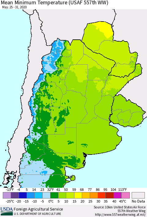 Southern South America Mean Minimum Temperature (USAF 557th WW) Thematic Map For 5/25/2020 - 5/31/2020