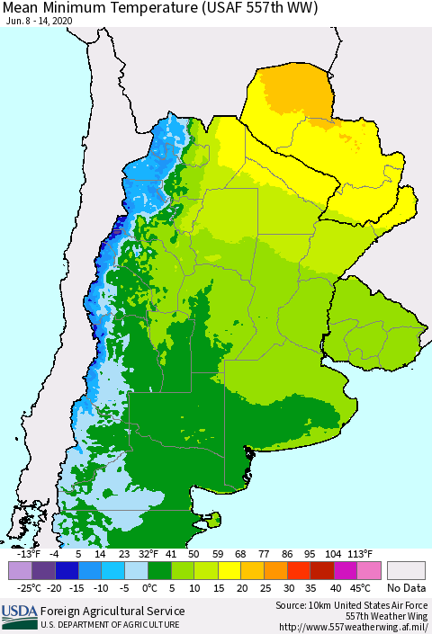 Southern South America Mean Minimum Temperature (USAF 557th WW) Thematic Map For 6/8/2020 - 6/14/2020