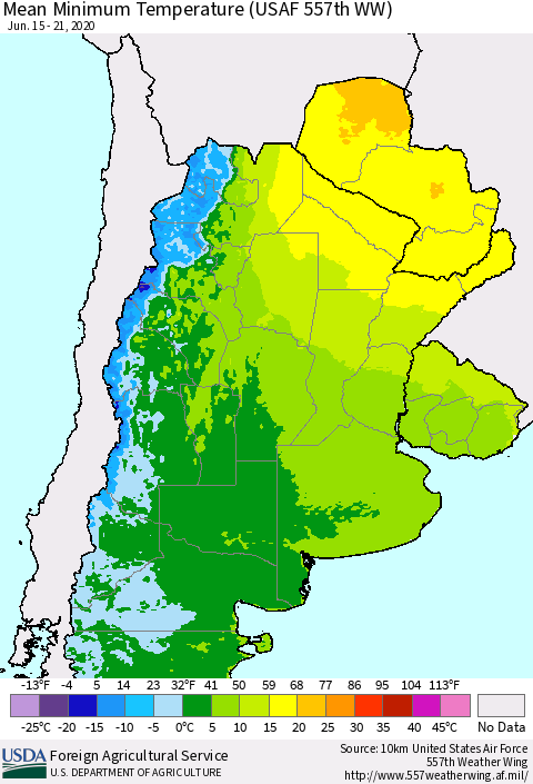 Southern South America Mean Minimum Temperature (USAF 557th WW) Thematic Map For 6/15/2020 - 6/21/2020