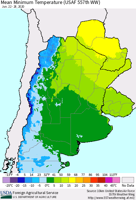 Southern South America Mean Minimum Temperature (USAF 557th WW) Thematic Map For 6/22/2020 - 6/28/2020