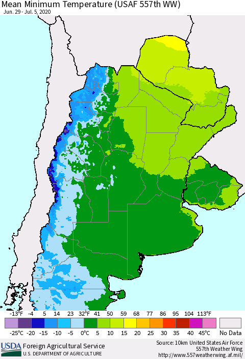 Southern South America Mean Minimum Temperature (USAF 557th WW) Thematic Map For 6/29/2020 - 7/5/2020